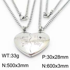 Romantic Stainless Steel Jewelry Set with Double Cuban Chain Necklaces&Whole Love Heart Pendant