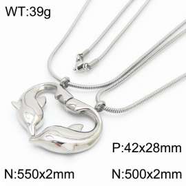 Romantic Stainless Steel Jewelry Set with Double Round Chain Necklaces&Paired Magnetic Dolphins Pendant