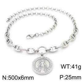 500mm Women Stainless Steel Double-Style Chain Necklace with Christian Goddess Tag Pendant