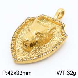 Hip Hop Style Vacuum Electroplated Gold Diamond Wolf Head Shield Stainless Steel Men's Pendant