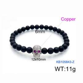 Stretchable 6mm Black Matte Onyx Bracelet Silver Plated Copper Skull Charm With Rhinestones