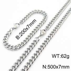 European and American hip-hop style double-sided polished Cuban chain stainless steel men's bracelet necklace 2-piece set