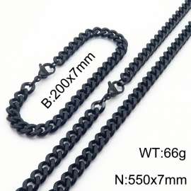 European and American hip-hop style double-sided polished Cuban chain stainless steel men's bracelet necklace 2-piece set