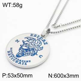 600mm Stainless Steel Box Chain Necklace with Men Punk Blue Laser-Engraving Motorbiker Disc Pendant