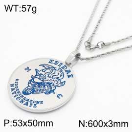 600mm Stainless Steel Rope Chain Necklace with Men Punk Blue Laser-Engraving Motorbiker Disc Pendant