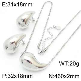 Silver Color Stainless Steel Water Droplet Jewelry Sets 46cm Pendant Necklace Stud Earrings For Women