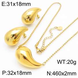 Gold Color Stainless Steel Water Droplet Jewelry Sets 46cm Pendant Necklace Stud Earrings For Women