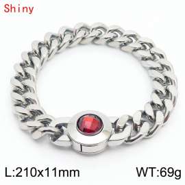 11mm personalized trendy titanium steel polished Cuban chain silver bracelet with red crystal snap closure