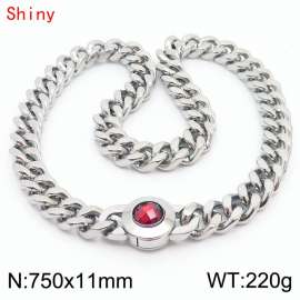 75cm personalized trendy titanium steel polished Cuban chain silver necklace with red crystal snap closure