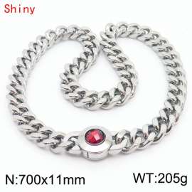 71cm personalized trendy titanium steel polished Cuban chain silver necklace with red crystal snap closure