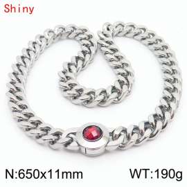 65cm personalized trendy titanium steel polished Cuban chain silver necklace with red crystal snap closure