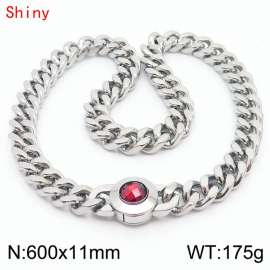 60cm personalized trendy titanium steel polished Cuban chain silver necklace with red crystal snap closure