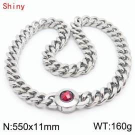 55cm personalized trendy titanium steel polished Cuban chain silver necklace with red crystal snap closure