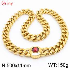 50cm personalized trendy titanium steel polished Cuban chain gold necklace with red crystal snap closure