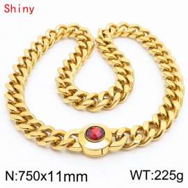 75cm personalized trendy titanium steel polished Cuban chain gold necklace with red crystal snap closure