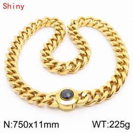 75cm personalized trendy titanium steel polished Cuban chain gold necklace with black crystal snap closure