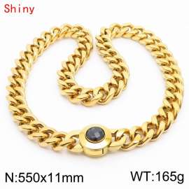 55cm personalized trendy titanium steel polished Cuban chain gold necklace with black crystal snap closure