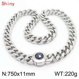 75cm personalized trendy titanium steel polished Cuban chain silver necklace with black crystal snap closure