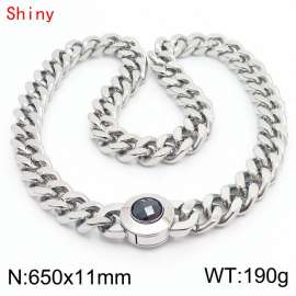 65cm personalized trendy titanium steel polished Cuban chain silver necklace with black crystal snap closure