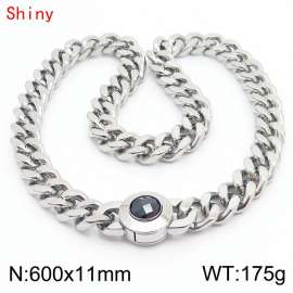 60cm personalized trendy titanium steel polished Cuban chain silver necklace with black crystal snap closure