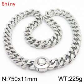 75cm personalized trendy titanium steel polished Cuban chain silver necklace with white crystal snap closure