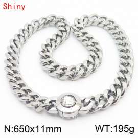 65cm personalized trendy titanium steel polished Cuban chain silver necklace with white crystal snap closure