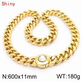 60cm personalized trendy titanium steel polished Cuban chain gold necklace with white crystal snap closure