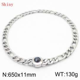 650×11mm Men's Round Link Stainless Steel Necklace Silver Color Waterproof Tone Punk NK Cuban Chain Black Stone Clasp Collar Choker Boy Male