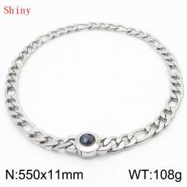 550×11mm Men's Round Link Stainless Steel Necklace Silver Color Waterproof Tone Punk NK Cuban Chain Black Stone Clasp Collar Choker Boy Male