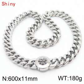 600×11mm Silver Color Stainless Steel Curb Cuban Chain Skull Clasp Necklaces for Men