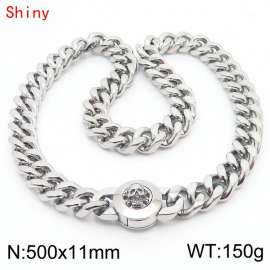 500×11mm Silver Color Stainless Steel Curb Cuban Chain Skull Clasp Necklaces for Men