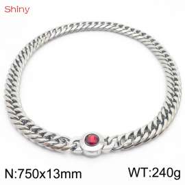 750×13mm Punk Stainless Steel Cuban Chain Necklace for Men Silver Color Solid Metal Red Stone Clasp Collar Choker