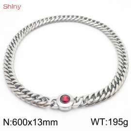 600×13mm Punk Stainless Steel Cuban Chain Necklace for Men Silver Color Solid Metal Red Stone Clasp Collar Choker