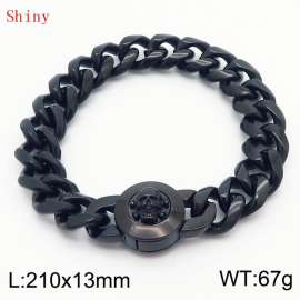 Fashionable and personalized stainless steel 210 × 13mm Cuban Chain Polished Round Buckle Inlaid Skull Head Charm Black Bracelet