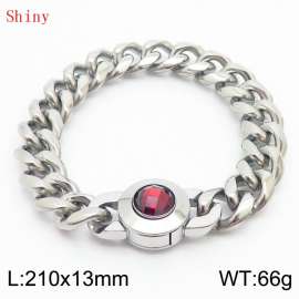 Fashionable and personalized stainless steel 210 × 13mm Cuban Chain Polished Round Buckle Inlaid with Red Glass Diamond Charm Silver Bracelet