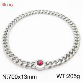 Fashionable and personalized stainless steel 700 × 13mm Cuban Chain Polished Round Buckle Inlaid with Red Glass Diamond Charm Silver Necklace