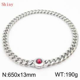 Fashionable and personalized stainless steel 650 × 13mm Cuban Chain Polished Round Buckle Inlaid with Red Glass Diamond Charm Silver Necklace