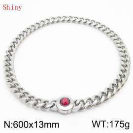 Fashionable and personalized stainless steel 600 × 13mm Cuban Chain Polished Round Buckle Inlaid with Red Glass Diamond Charm Silver Necklace