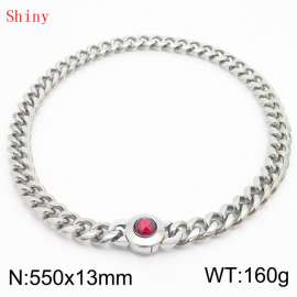 Fashionable and personalized stainless steel 550 × 13mm Cuban Chain Polished Round Buckle Inlaid with Red Glass Diamond Charm Silver Necklace