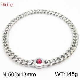 Fashionable and personalized stainless steel 500 × 13mm Cuban Chain Polished Round Buckle Inlaid with Red Glass Diamond Charm Silver Necklace