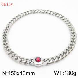 Fashionable and personalized stainless steel 450 × 13mm Cuban Chain Polished Round Buckle Inlaid with Red Glass Diamond Charm Silver Necklace