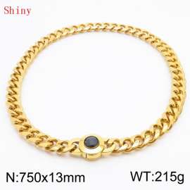 Fashionable and personalized stainless steel 750 × 13mm Cuban Chain Polished Round Buckle Inlaid with Black Glass Diamond Charm Gold Necklace