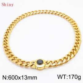 Fashionable and personalized stainless steel 600 × 13mm Cuban Chain Polished Round Buckle Inlaid with Black Glass Diamond Charm Gold  Necklace