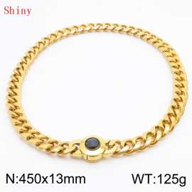 Fashionable and personalized stainless steel 450 × 13mm Cuban Chain Polished Round Buckle Inlaid with Black Glass Diamond Charm Gold  Necklace