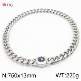 Fashionable and personalized stainless steel 750 × 13mm Cuban Chain Polished Round Buckle Inlaid with Black Glass Diamond Charm Silver Necklace