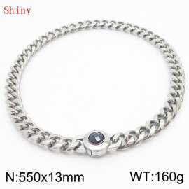 Fashionable and personalized stainless steel 550 × 13mm Cuban Chain Polished Round Buckle Inlaid with Black Glass Diamond Charm Silver Necklace