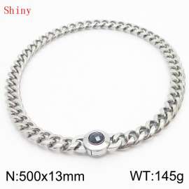 Fashionable and personalized stainless steel 500 × 13mm Cuban Chain Polished Round Buckle Inlaid with Black Glass Diamond Charm Silver Necklace