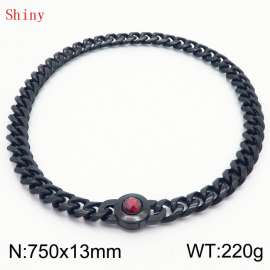 Fashionable and personalized stainless steel 750 × 13mm Cuban Chain Polished Round Buckle Inlaid with Red Glass Diamond Charm Black Necklace