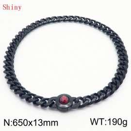 Fashionable and personalized stainless steel 650 × 13mm Cuban Chain Polished Round Buckle Inlaid with Red Glass Diamond Charm Black Necklace