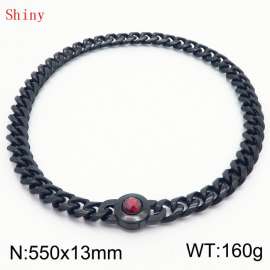 Fashionable and personalized stainless steel 550 × 13mm Cuban Chain Polished Round Buckle Inlaid with Red Glass Diamond Charm Black Necklace